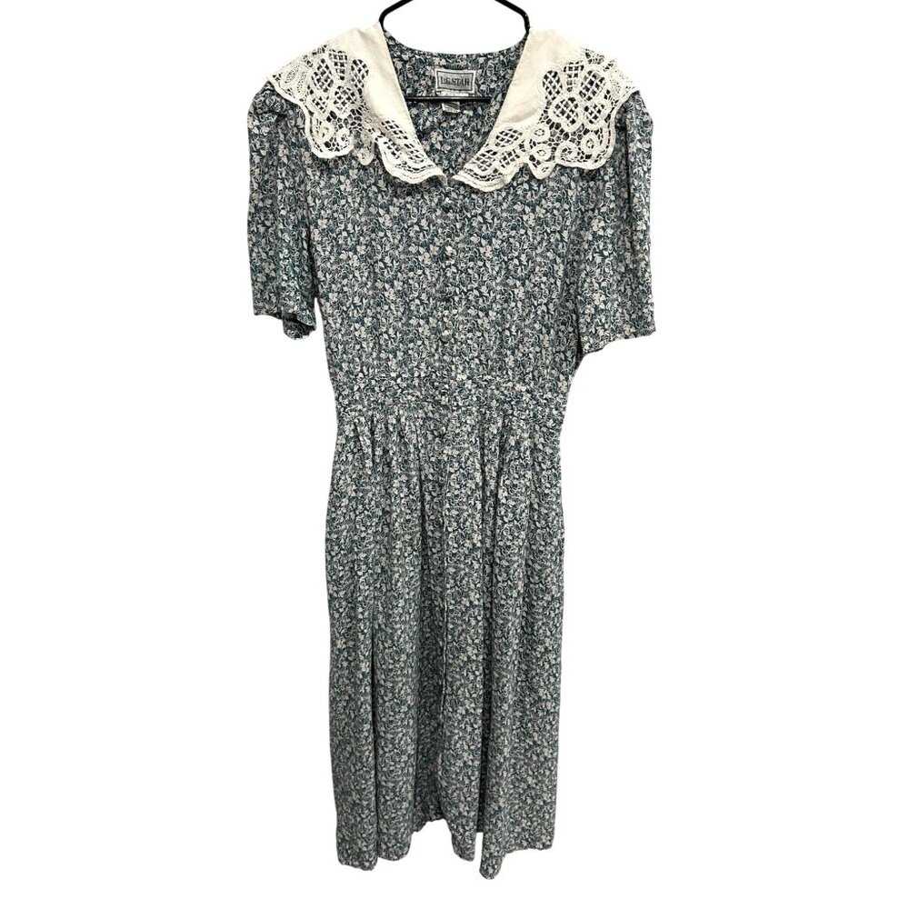 Vintage 80s L.G. Star Womens Floral Midi Dress Lace Collar Sz 18 Modest Cottagec